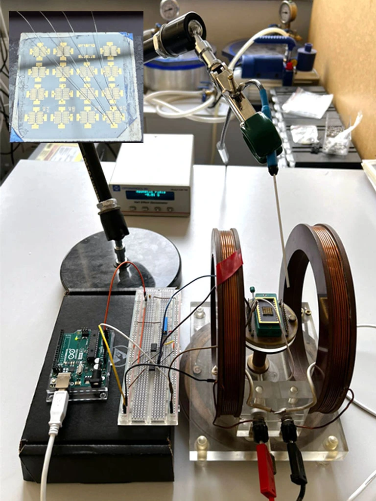 Stanowisko pomiarowe dla czujnika magnetycznego opartego na efekcie AMR. W lewym górnym rogu w powiększeniu układ, który powstał w ramach stażu
