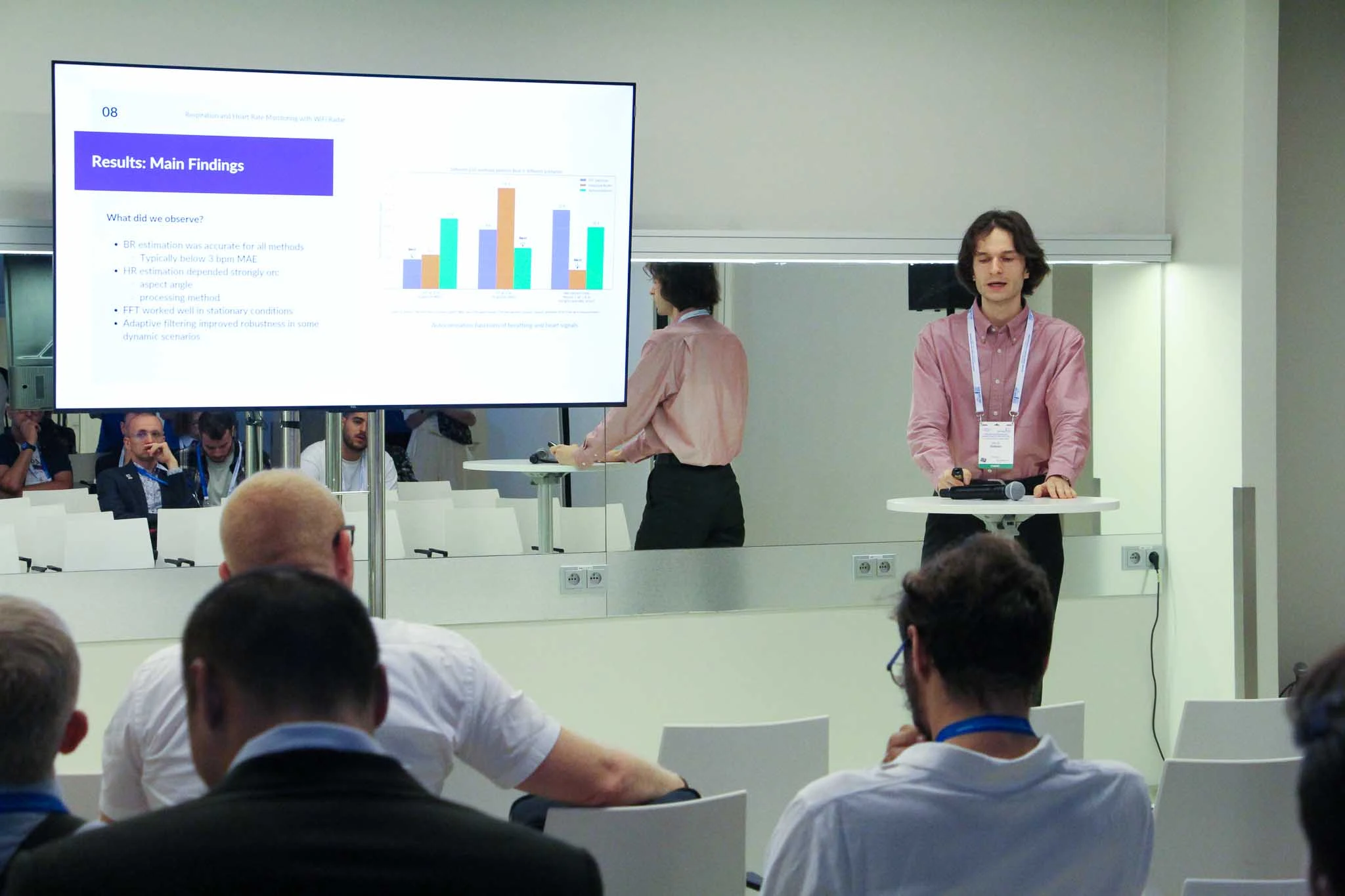 Doktorant mgr inż. Jakub Dobosz prezentuje wykład "Comparison of DSP Algorithms for Respiration and Heart Rate Monitoring with WiFi Radar"